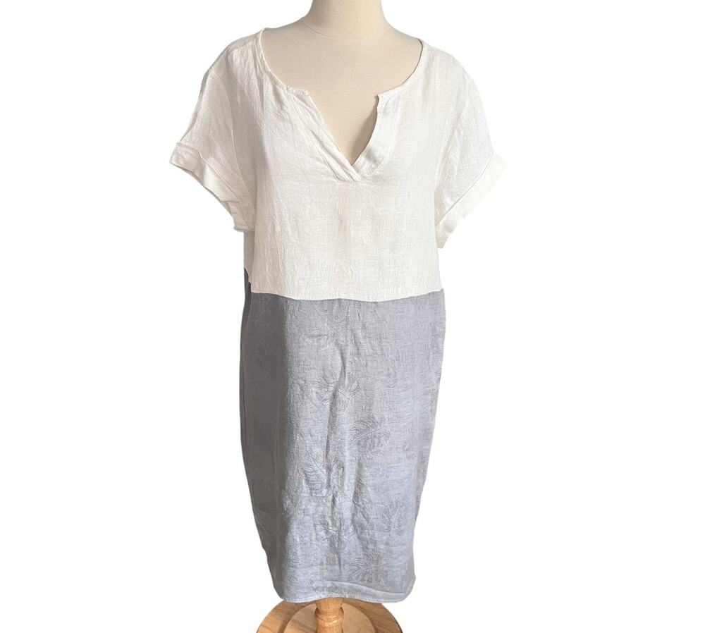 Lina Tomei 100% Linen Made In Italy Colorblock Gray White Shift Dress Size Large